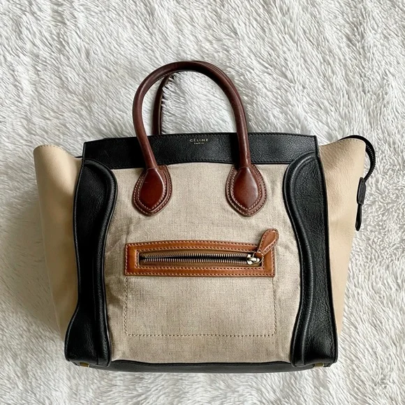 Auth Celine Calfskin Canvas Mini Tricolor Tri-Color Luggage Tote Bag - Picture 6 of 15